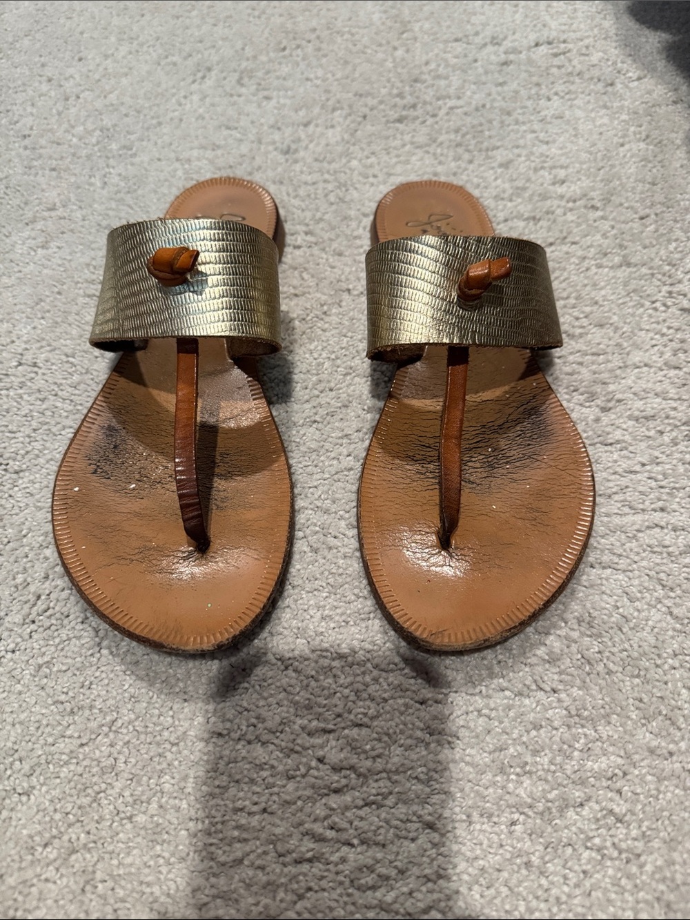 Metallic Gold Leather Toe-Post Sandals - Women